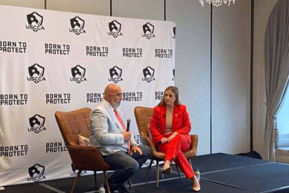 Trump campaign senior adviser Chris LaCivita speaks with Katie Pointer Baney, managing director of Government Affairs for Delta Defense and the U.S. Concealed Carry Association, during an event the organization hosted at The Pfister Hotel in Milwaukee, Wisconsin, on Tuesday, July 16, 2024.