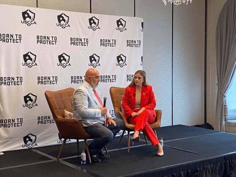 Trump campaign senior adviser Chris LaCivita speaks with Katie Pointer Baney, managing director of Government Affairs for Delta Defense and the U.S. Concealed Carry Association, during an event the organization hosted at The Pfister Hotel in Milwaukee, Wisconsin, on Tuesday, July 16, 2024.