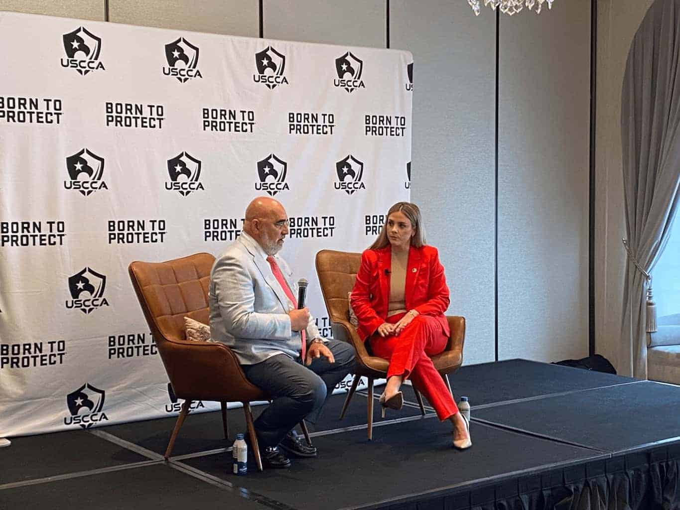 Trump campaign senior adviser chris lacivita speaks with katie pointer baney, managing director of government affairs for delta defense and the u. S. Concealed carry association, during an event the organization hosted at the pfister hotel in milwaukee, wisconsin, on tuesday, july 16, 2024.