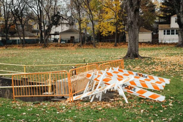 Storm drain with police tape around it
