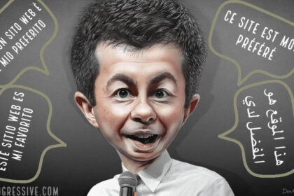 Caricature of Pete Buttigieg speaking 4 different languages