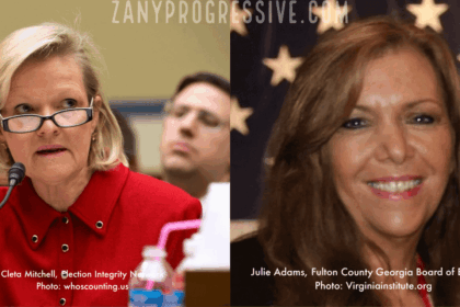 Julie Adams, right, a Republican member of the Fulton County, Georgia, elections board and a regional coordinator with the Election Integrity Network, a right-wing organization involved in challenging the legitimacy of American election systems. Cleta Mitchell, left, chair of the Election Integrity Network.