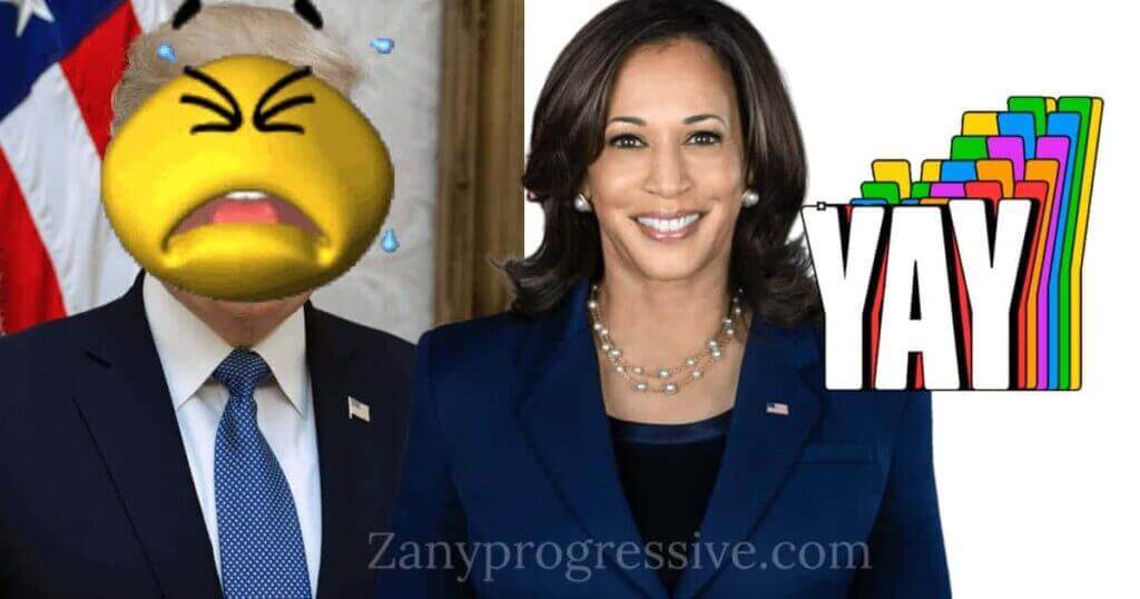 Donald Trump crying and Kamala Harris smiling