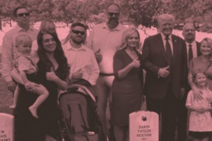 The family of members of the military who died during the withdraw from Afghanistan pose with Donald Trump at their graves in Arlington Cemetery.