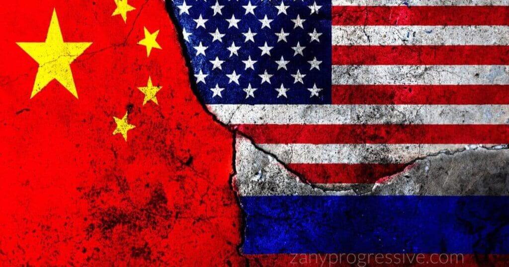 Flags of united states, russia, and china connected together