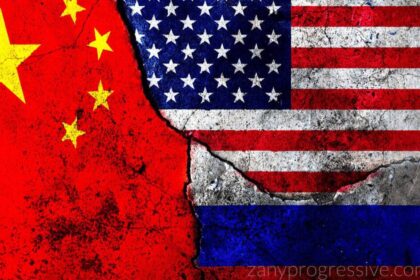 Flags of United States, Russia, and China connected together