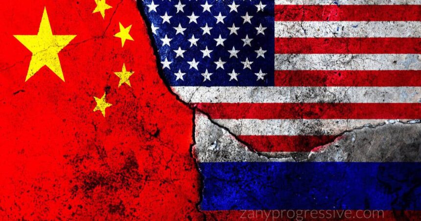 Flags of united states, russia, and china connected together