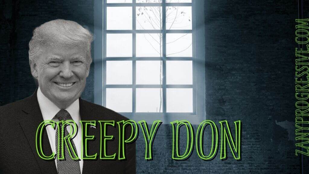 Illustration of a black and white haunted house background and black and white photo of donald trump that says creepy don in green