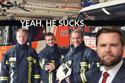 Image of firefighters with JD Vance added to the scene