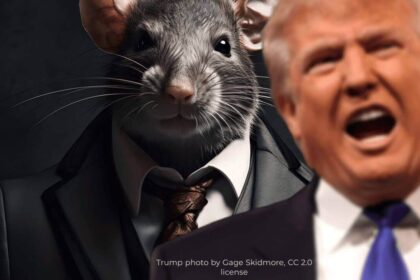 Donald Trump with a rat in a suit behind him