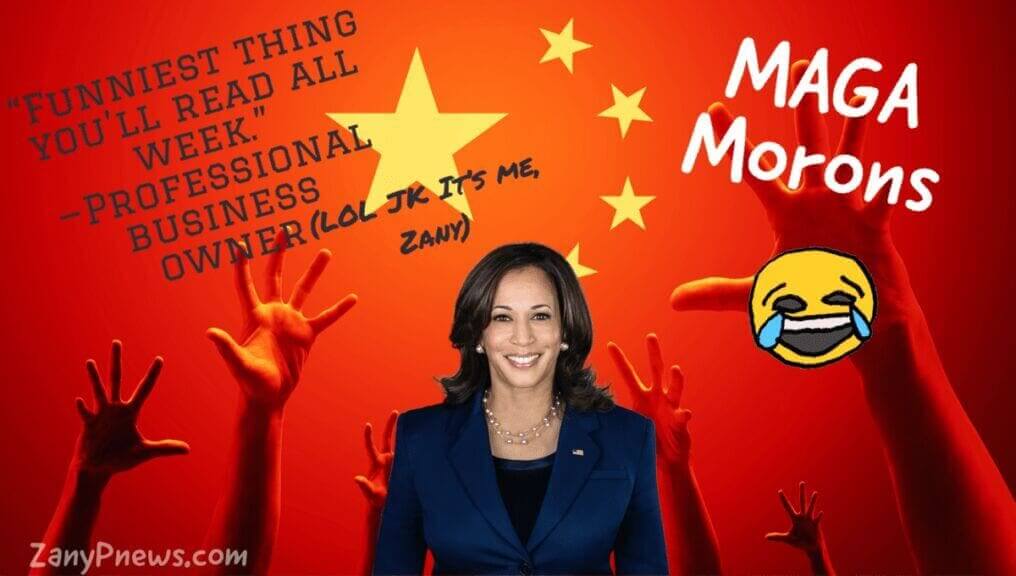 Kamala Harris on a Chinese flag background making fun of Republicans