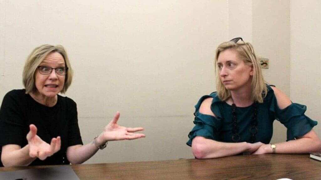 Gender politics researchers and authors Mary Banwart, left, and Teri Finneman, both University of Kansas faculty and authors on gender politics, said there was nothing surprising about the aggressive race and gender attacks on Vice President Kamala Harris, who is the presumptive Democratic Party’s nominee for president.