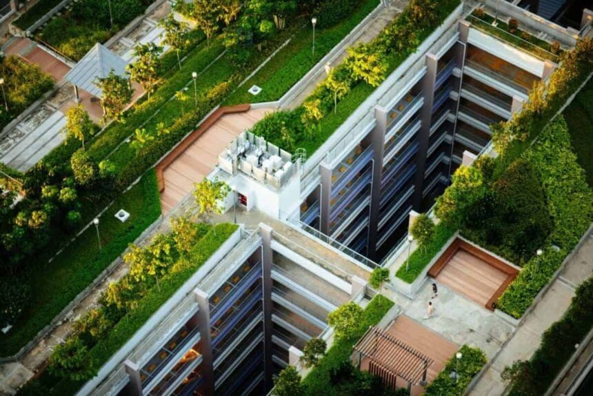 Beautiful city with green gardens on the rooftops
