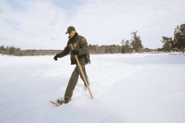 Man with a walking stick walking through the snow