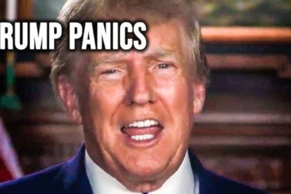 Donald Trump with text, “Trump panics”