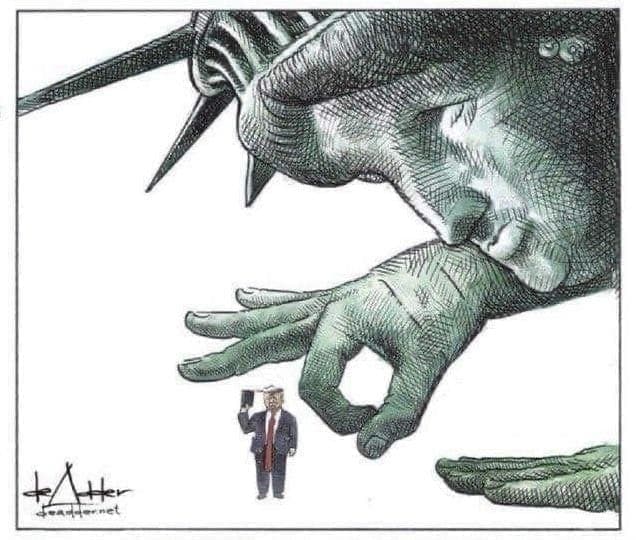 Political cartoon of lady liberty about to flick away a tiny, annoying trump