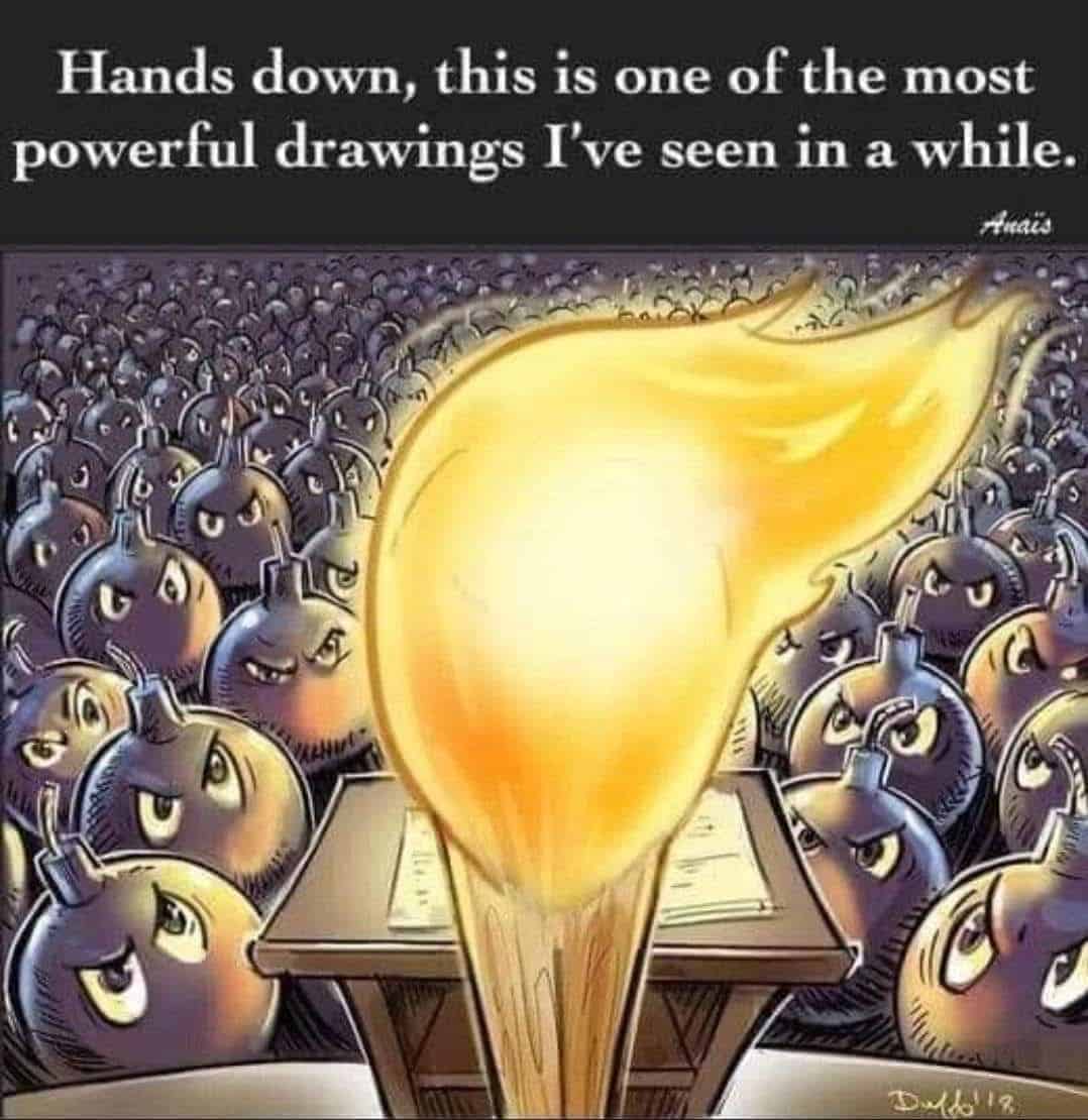 Cartoon view of the back of trump as a match stick on fire at a podium in front of a crowd of bombs with wicks