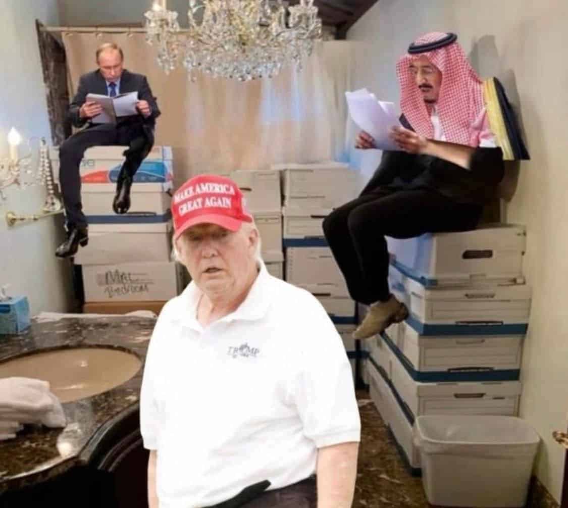 Trump will get security clearance meme of trump looking old in his golf shirt and maga hat in the bathroom where classified docs were stored. Leaders of saudi arabia and russia are sitting on stacks of boxes reading classified documents