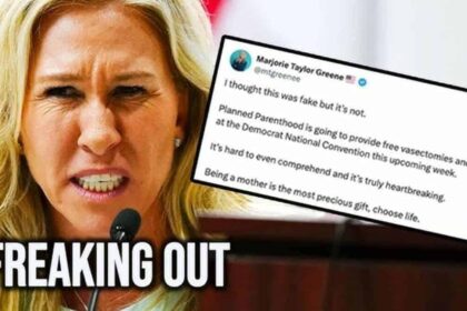 Marjorie Taylor Greene next to her Tweet freaking out over free healthcare