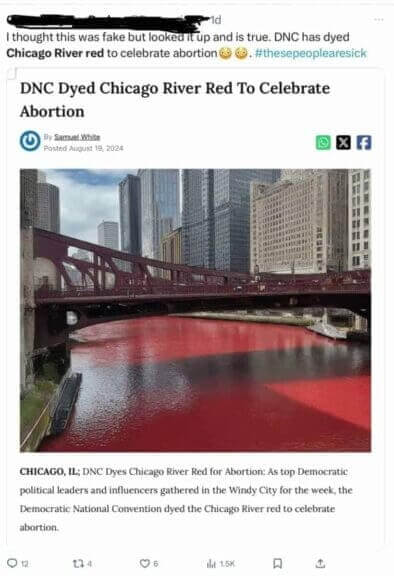 X post that claims chicago river was dyed red