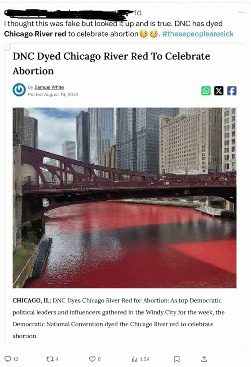 X post that claims chicago river was dyed red