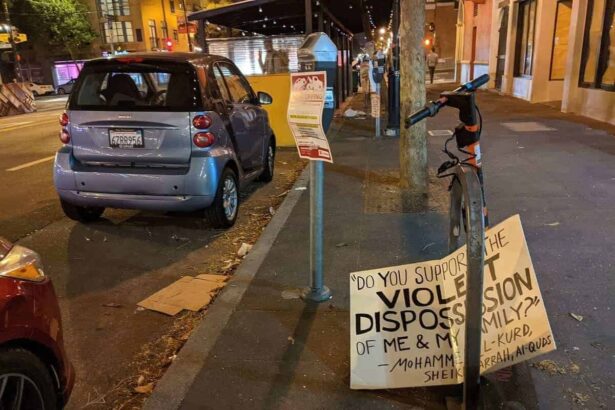 A Pro-Palestinian protest sign discarded on the street in San Francisco