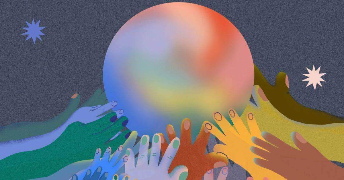 Illustration of different colored hands supporting a multi-colored planet