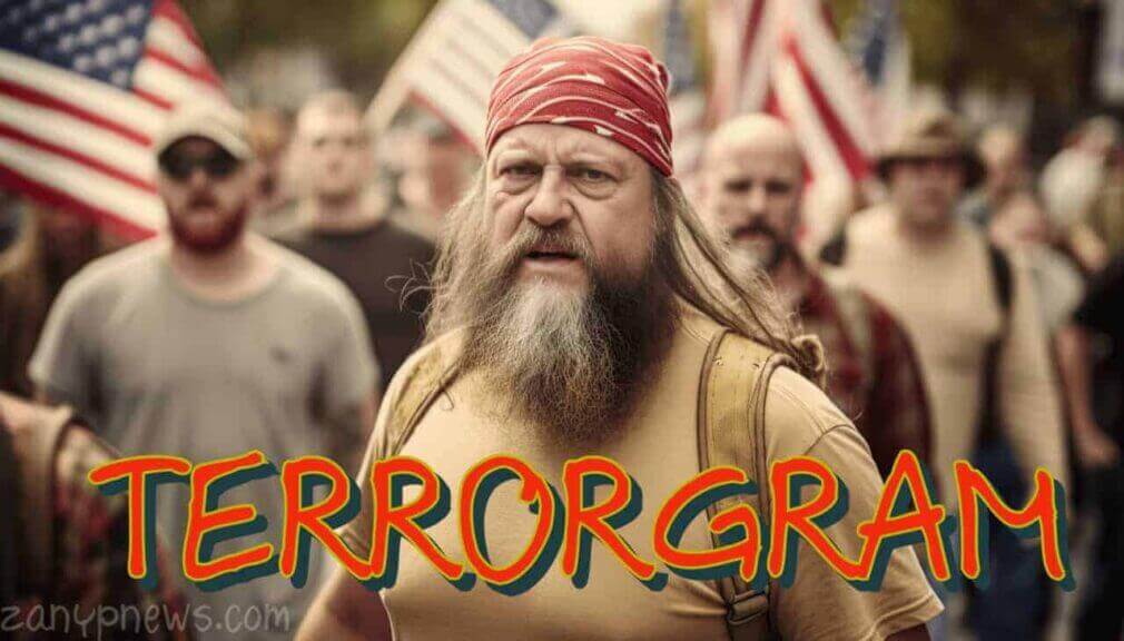 Men who look like white supremacists carry american flags in a group with menacing expressions