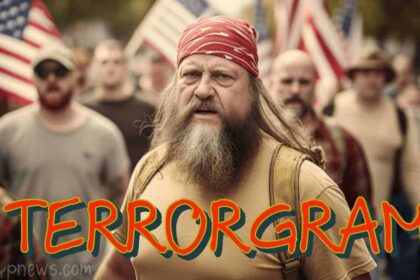 Men who look like White Supremacists carry American flags in a group with menacing expressions