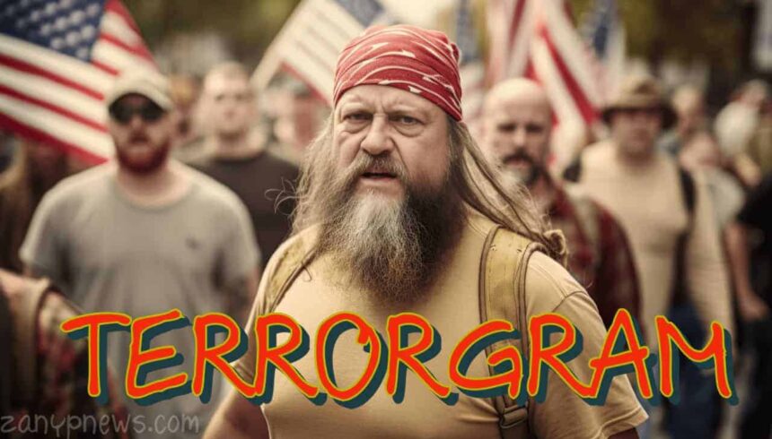 Men who look like white supremacists carry american flags in a group with menacing expressions