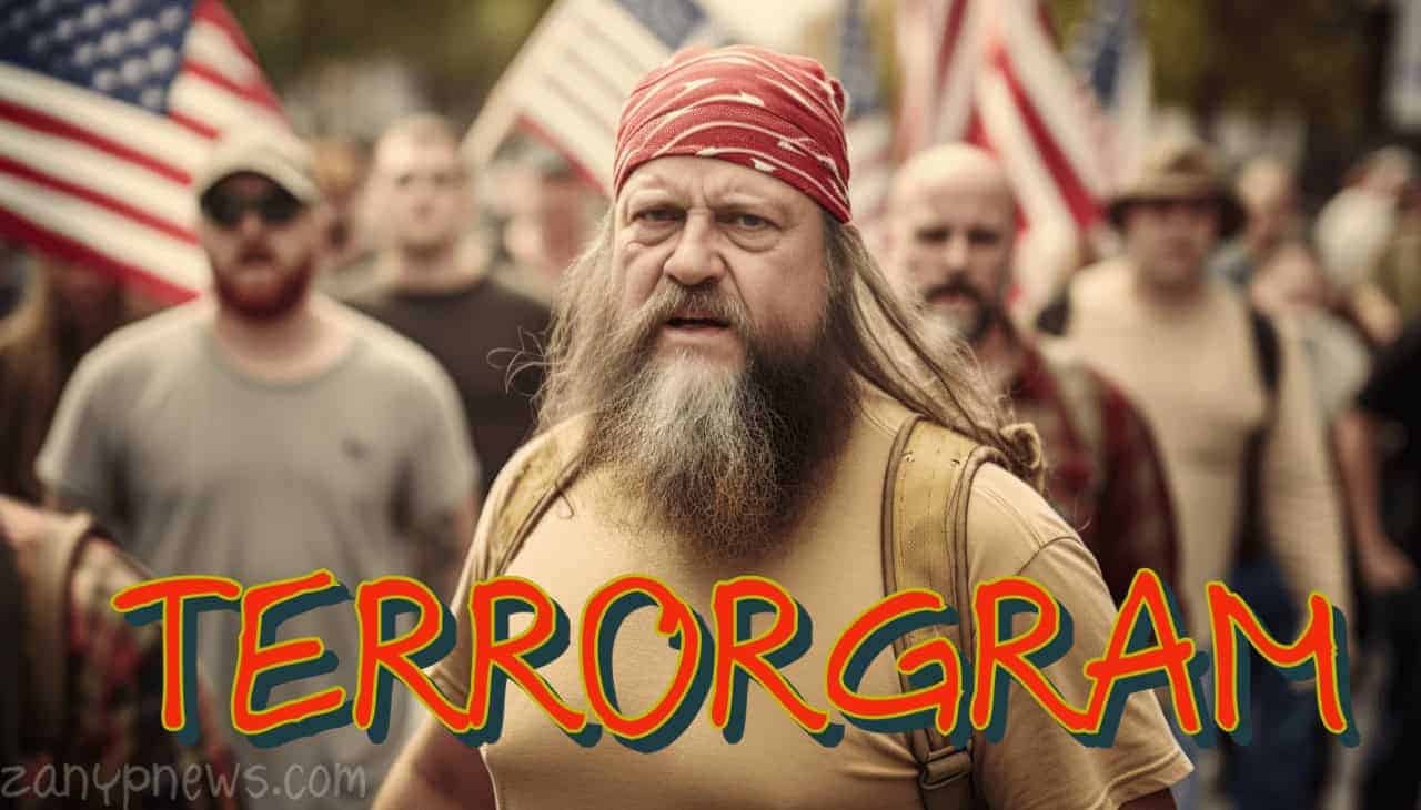 Men who look like white supremacists carry american flags in a group with menacing expressions