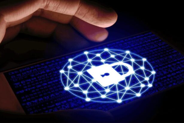 Cybersecurity threats. Hand about to tap a lit up padlock on a touchscreen