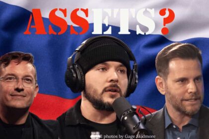 Benny Johnson, Tim Pool, and Dave Rubin with the Russian flag in the background