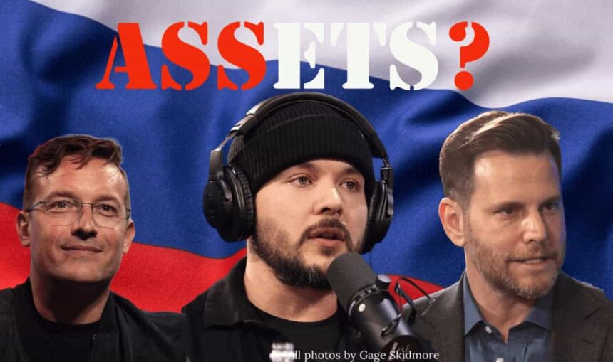 Benny johnson, tim pool, and dave rubin with the russian flag in the background