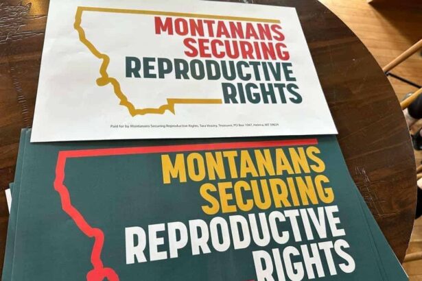 Posters for Montanans Securing Reproductive Rights, the group behind a constitutional initiative to protect the right to abortion.