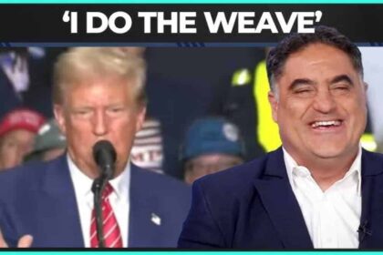 Donald Trump speaking at a rally and Cenk Uyger laughing at him.