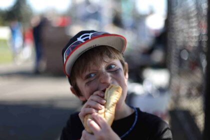 Little boy in a baseball cap eating a hot dog at a game