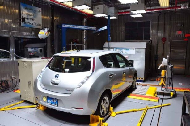 An electric vehicle undergoes hot temperature testing on the dynamometer at argonne's advanced powertrain research facility (aprf).