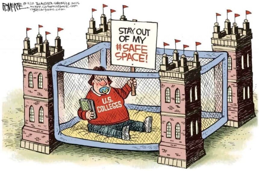 Person sitting in a playpen surrounded by college buildings