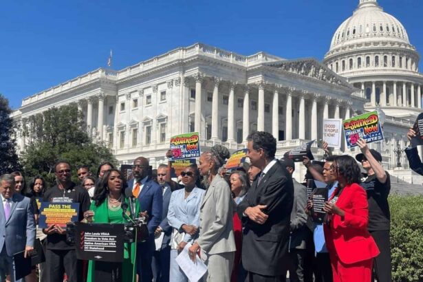 U. S. Rep. Terri sewell, democrat of alabama, speaks at a press conference on voting rights legislation outside the u. S. Capitol on sept. 10, 2024. She said she is looking forward to reintroducing a voting rights act bill named after the late rep. John lewis, georgia democrat and voting rights icon.