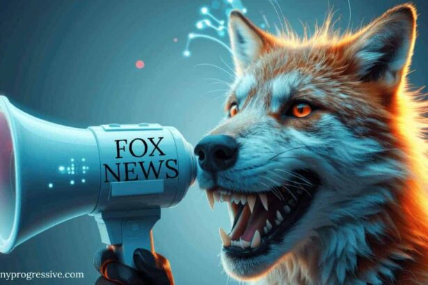 A rabid-looking fox yelling into a megaphone with fox news on it