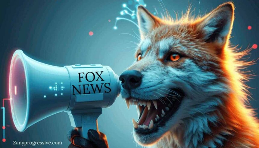 A rabid-looking fox yelling into a megaphone with fox news on it
