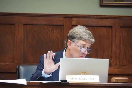 Edward “Ward” Gardner, chairman of the Arkansas State Medical Board, leads a meeting on Aug. 7, 2024.