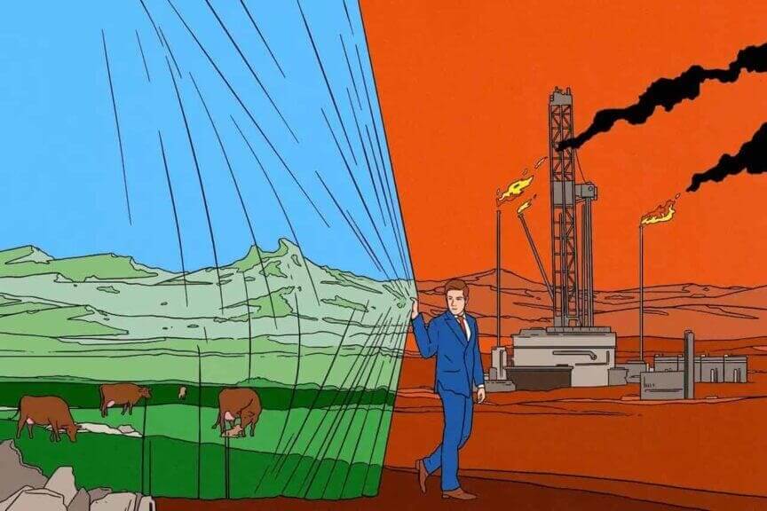 Keep them stupid a business man pulling a curtain showing a beautiful environment over an ugly factory