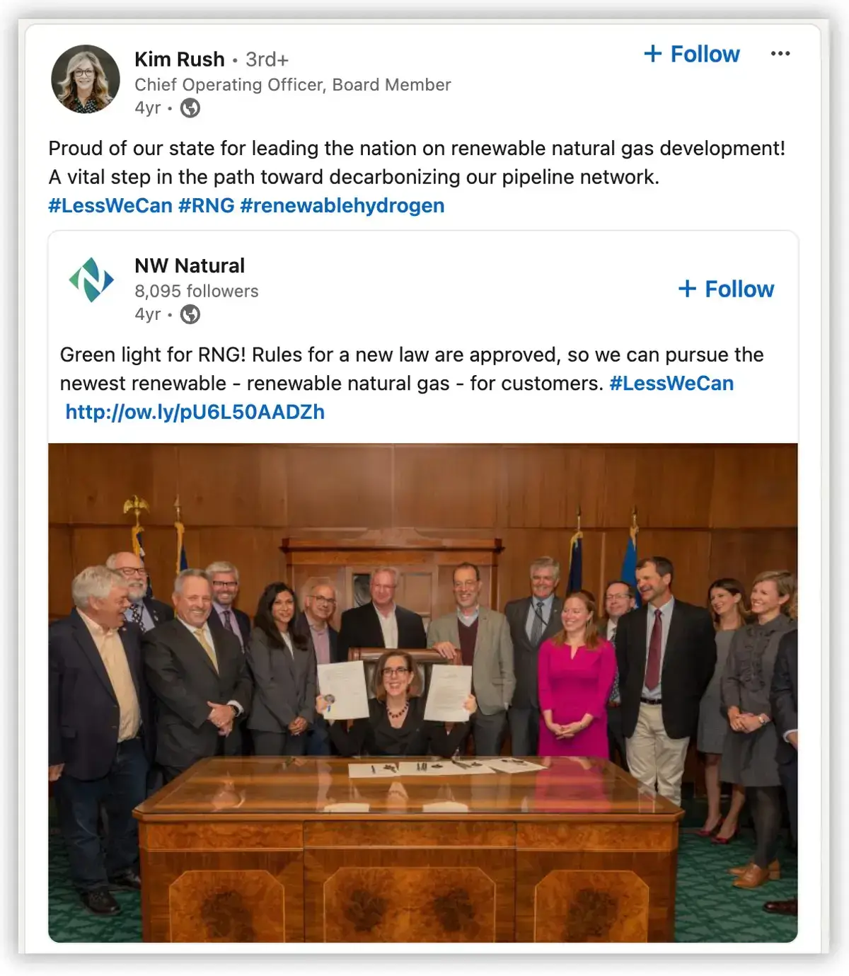 Screenshot of the linkedin post with a photo of the bill signing