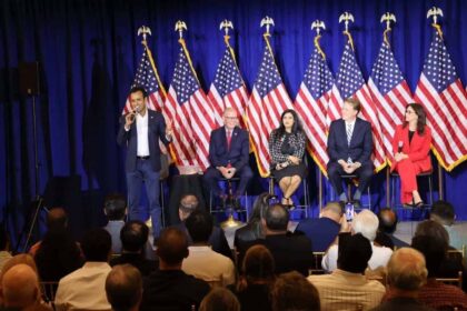 Former Republican presidential candidate Vivek Ramaswamy, U.S. Rep. Tim Walberg (R-Tipton), Republican National Committeewoman Hima Kolanagireddy, Michigan Senate Minority Leader Aric Nesbitt (R-Porter Twp.) and former Republican governor candidate Tudor Dixon spoke at a town hall in Farmington Hills on Sept. 14 in support of former President Donald Trump’s 2024 campaign.