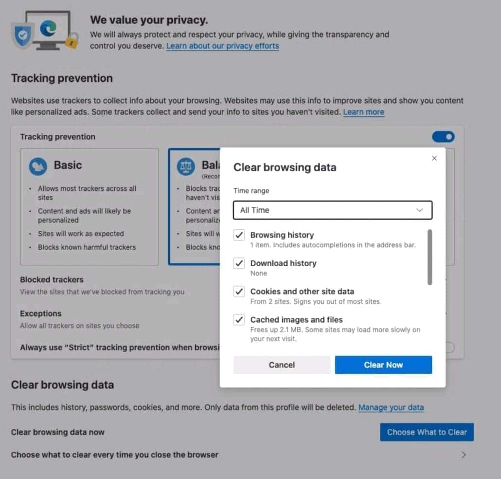 Screenshot of the privacy settings in the microsoft edge browser