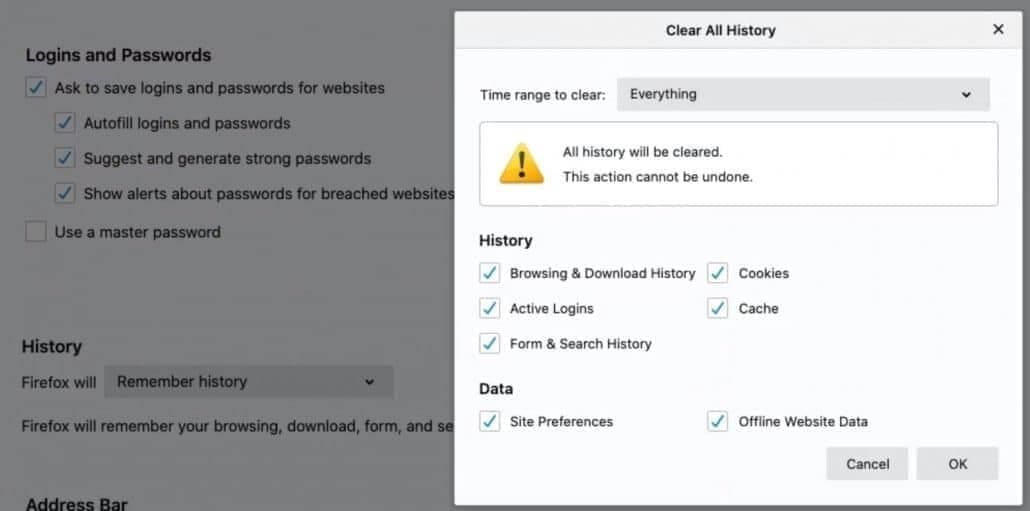 Screenshot of privacy settings for firefox browser