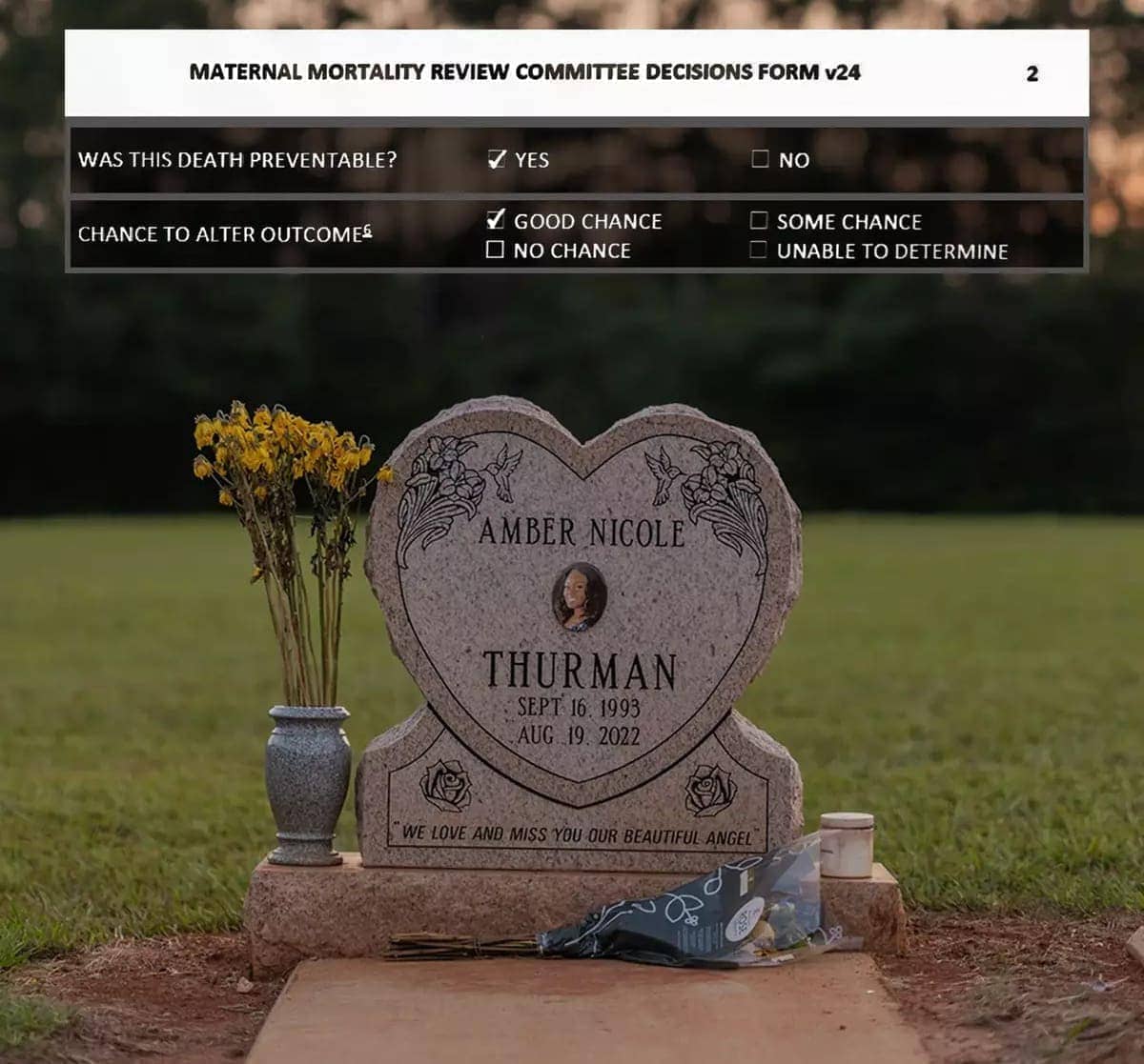 The headstone at amber thurman’s gravesite adorned with her photo, above it is the report from the maternal mortality board that investigated her death on top of the image.