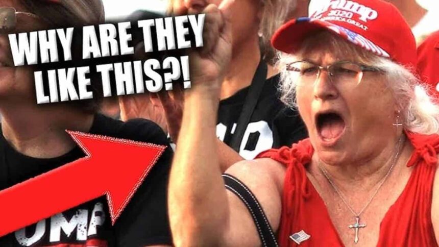 Female trump supporter yelling and gesturing angrily